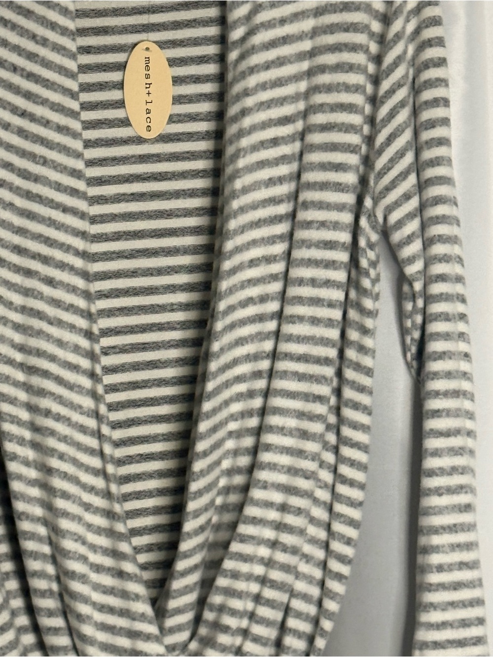 Mesh + Lace Women’s Gray & White Striped Draped Wrap Sweater Size L